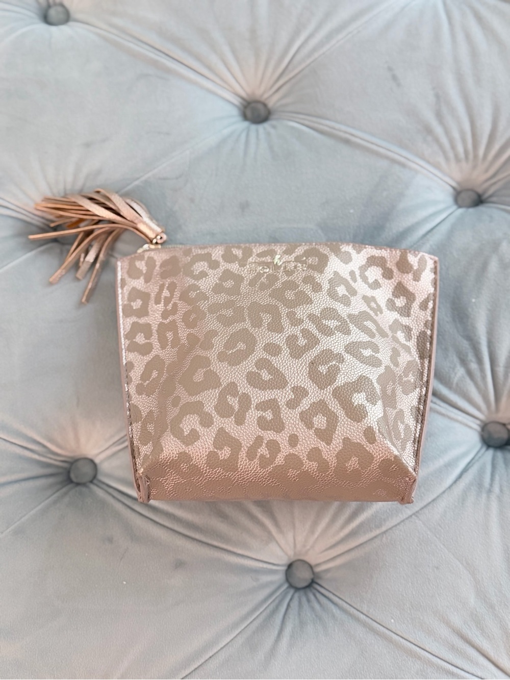 Hollis Metallic Rose Gold Leopard-Print Cosmetic Pouch with Tassel